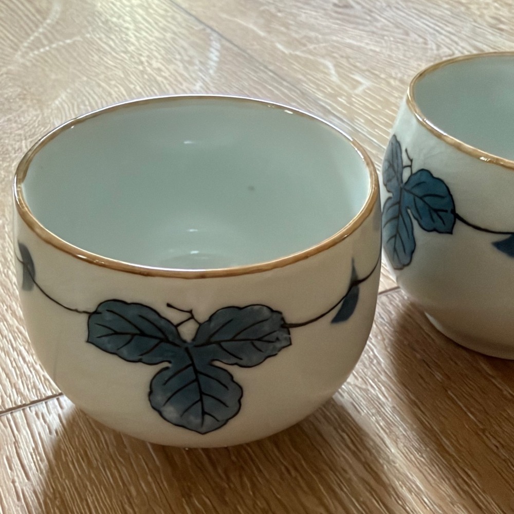 Vintage Japanese Ceramic Tea Cups Set of 2 Blue Grape Vine Crackle Glaze Japan